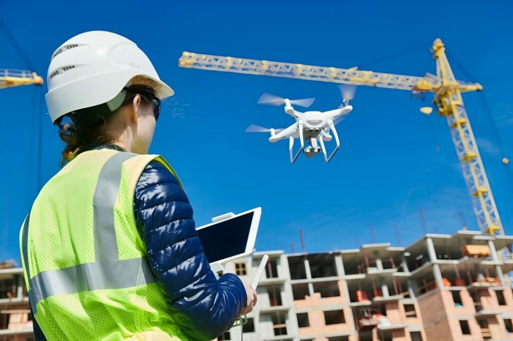 Operaio con drone all'interno di un cantiere
