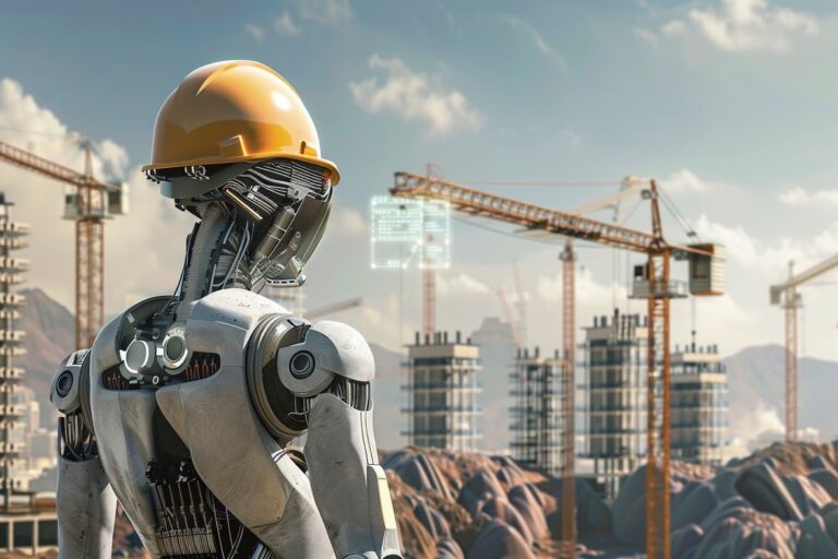Ai in building construction: image of a robot inside of a construction site